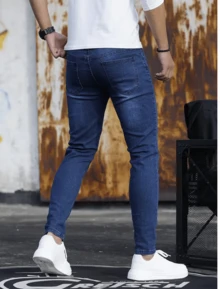 Men's Skinny Jeans, Comfortable, Street, Elastane, Premium Line, Dark Blue - 藍色 - 查看 3