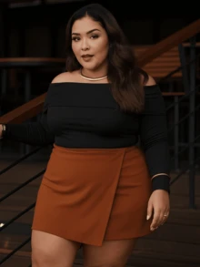 Black Solid Wrap Skirt With Adjustable Tie-Up, High Waist, Plus Size, Non-Transparent, Casual, Elegant - 鏽棕色 - 查看 5