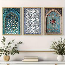 3 件套帆布艺术品套装，现代无框房间海报 - 安纳托利亚艺术、土耳其瓷砖艺术、奥斯曼瓷砖艺术、伊斯兰瓷砖艺术、摩洛哥花卉装饰印刷品，