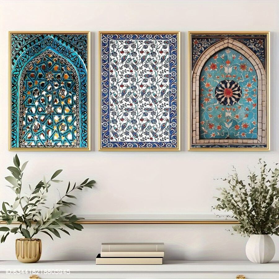 3 件套帆布艺术品套装，现代无框房间海报 - 安纳托利亚艺术、土耳其瓷砖艺术、奥斯曼瓷砖艺术、伊斯兰瓷砖艺术、摩洛哥花卉装饰印刷品，