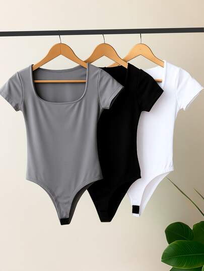 Kit 3 Body Feminino Decote Quadrado Manga Curta Tecido Suplex Moda Verão Estilo Gringa