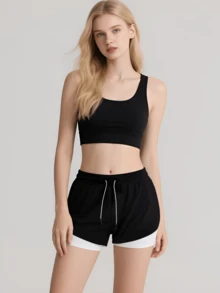Unisex Regular Fit Shorts For Daily Style,Casual Beach Workout Lined Tight Shorts,3-In-1 Double Layer Shorts,Graphic Shorts,Quick Dry Swim Trunk,Comfortable Short For Summer,Quick Dry Wear,Beach Shorts,Lightweight Short,Drawstring Short,Comfortable Breathable Fitness Shorts - 黑色+黑色 - 查看 3