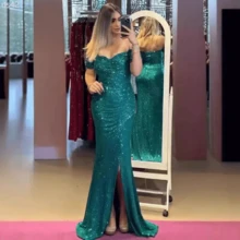 Women's Sexy Party Maxi Dress New Sequined One-Line Collar Slit Dress Casual Fashion Prom Eveging Dresses For Women Robe Femme - 藍色 - 查看 1