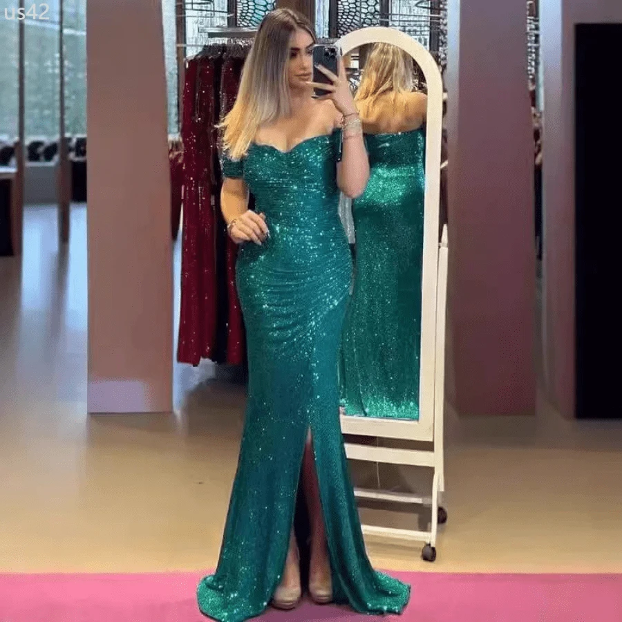 Women's Sexy Party Maxi Dress New Sequined One-Line Collar Slit Dress Casual Fashion Prom Eveging Dresses For Women Robe Femme - 藍色 - 查看 1