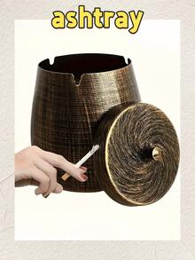 1 Piece Of A Retro Copper-Colored Covered Ashtray, Stainless Steel Ashtray, Outdoor Windproof Smokeless And Odorless Ashtray, Home Decorative Item, Daily Necessity, Festival Gift, Birthday Gift, Gift For Boyfriend, Large Outdoor Ashtray For Home Decoration, Outdoor Terrace Ashtray, Stainless Steel Windproof Smokeless Ashtray Tray, Suitable For Balcony, Smoker's Ashtray, Cigar, Home Office Decoration - Multicolor - View 3