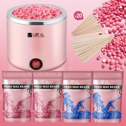 Viilife Set de depilación y eliminación del vello color rosa que incluye: Calentador de cera de 200cc, 4 paquetes de cera en bolitas, 20 palitos para depilar. Adecuado para que las mujeres puedan depilar y eliminar el vello en casa.