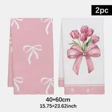 2 件粉色蝴蝶结和郁金香图案厨房毛巾，柔软涤纶材质洗碗布，适用于厨房装饰、清洁、节日派对装饰、厨房和浴室必需品、家居装饰、乔迁礼物