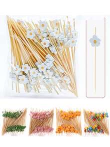 100pcs Sweet Daisy Theme Disposable Food Picks Flower Dessert Fruit Forks - Wooden Toothpick Sticks, Perfect For Drinks, Desserts, Appetizers, Fruit & Dessert Decorations, Party, Wedding, White Faux Pearl Mini Food Picks For Decoration, Kitchen, Summer Parties - Durable, Fun Drink Accessories - Multicolor - View 9