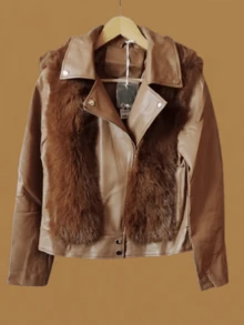 Women's Leather Jacket Simple Casual Zipper Pocket Button Evening Daily - 棕色 - 查看 8