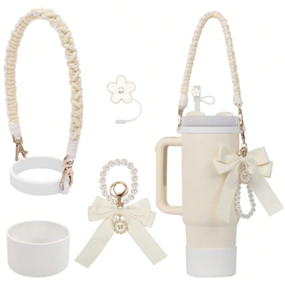 AiScrofa 4 件套杯子配件套装 - 仿珍珠链编织设计水瓶手柄带、硅胶杯套