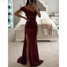 Women's Sexy Party Maxi Dress New Sequined One-Line Collar Slit Dress Casual Fashion Prom Eveging Dresses For Women Robe Femme - 勃根地紅 - 查看 1