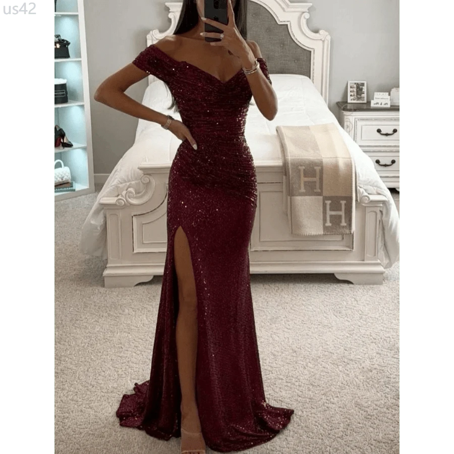 Women's Sexy Party Maxi Dress New Sequined One-Line Collar Slit Dress Casual Fashion Prom Eveging Dresses For Women Robe Femme - 勃根地紅 - 查看 1