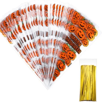 100 pezzi Sacchetti a cono a forma di zucca, sacchetti regalo in cellophane per Ognissanti con lacci dorati, per decorazioni di feste di Ognissanti