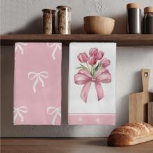 2 件粉色蝴蝶结和郁金香图案厨房毛巾，柔软涤纶材质洗碗布，适用于厨房装饰、清洁、节日派对装饰、厨房和浴室必需品、家居装饰、乔迁礼物