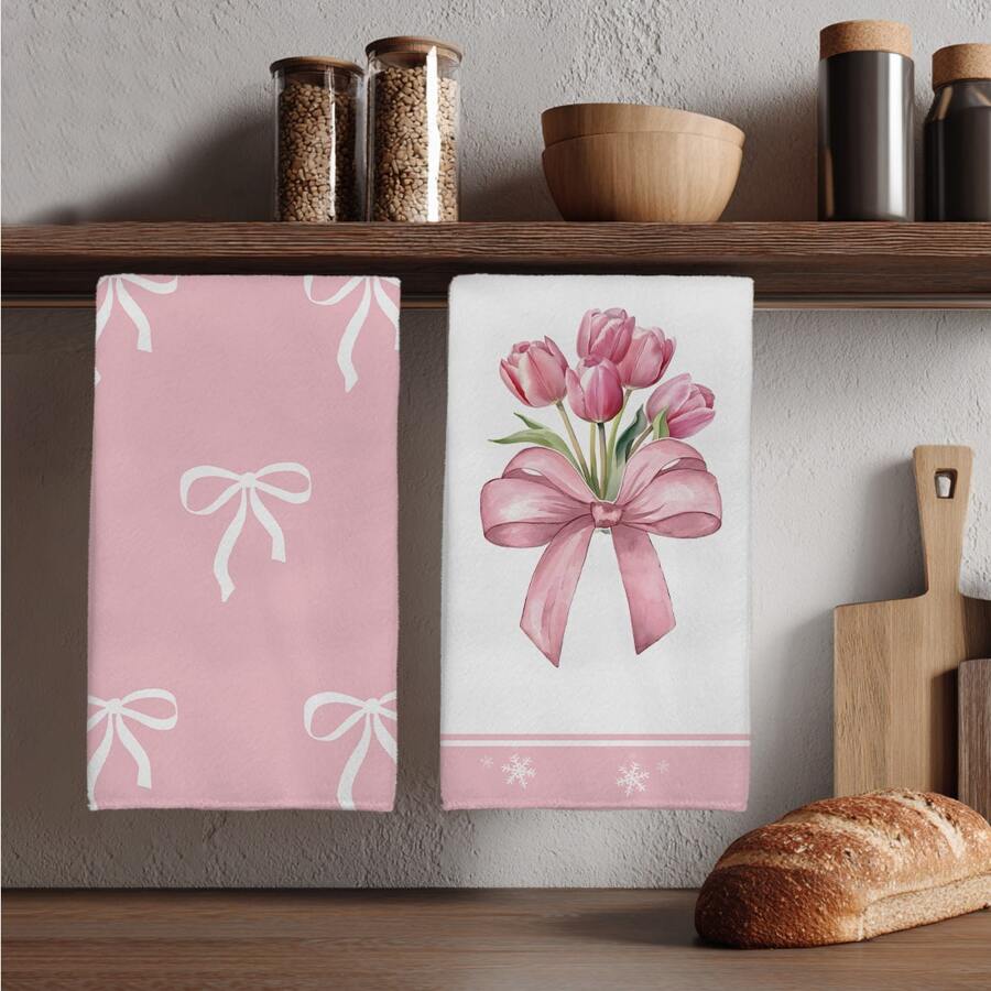 2 件粉色蝴蝶结和郁金香图案厨房毛巾，柔软涤纶材质洗碗布，适用于厨房装饰、清洁、节日派对装饰、厨房和浴室必需品、家居装饰、乔迁礼物