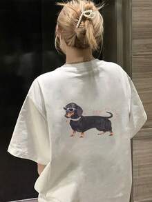 Áo thun thể thao họa tiết chó Dachshund, 100% cotton dành cho nữ, Quần áo unisex có thể giặt bằng máy, Áo thun cổ tròn tay ngắn dáng rộng dáng rộng phong cách đường phố thường ngày cho mùa hè Y2K dành cho nữ - trắng - Xem 2