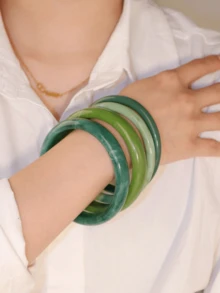 4pcs Vintage Resin Multi-Color Acrylic Bangle Bracelets, Fashion & Versatile For Women's Daily Wear - Green - View 4