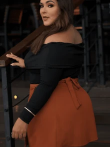 Black Solid Wrap Skirt With Adjustable Tie-Up, High Waist, Plus Size, Non-Transparent, Casual, Elegant - 鏽棕色 - 查看 4