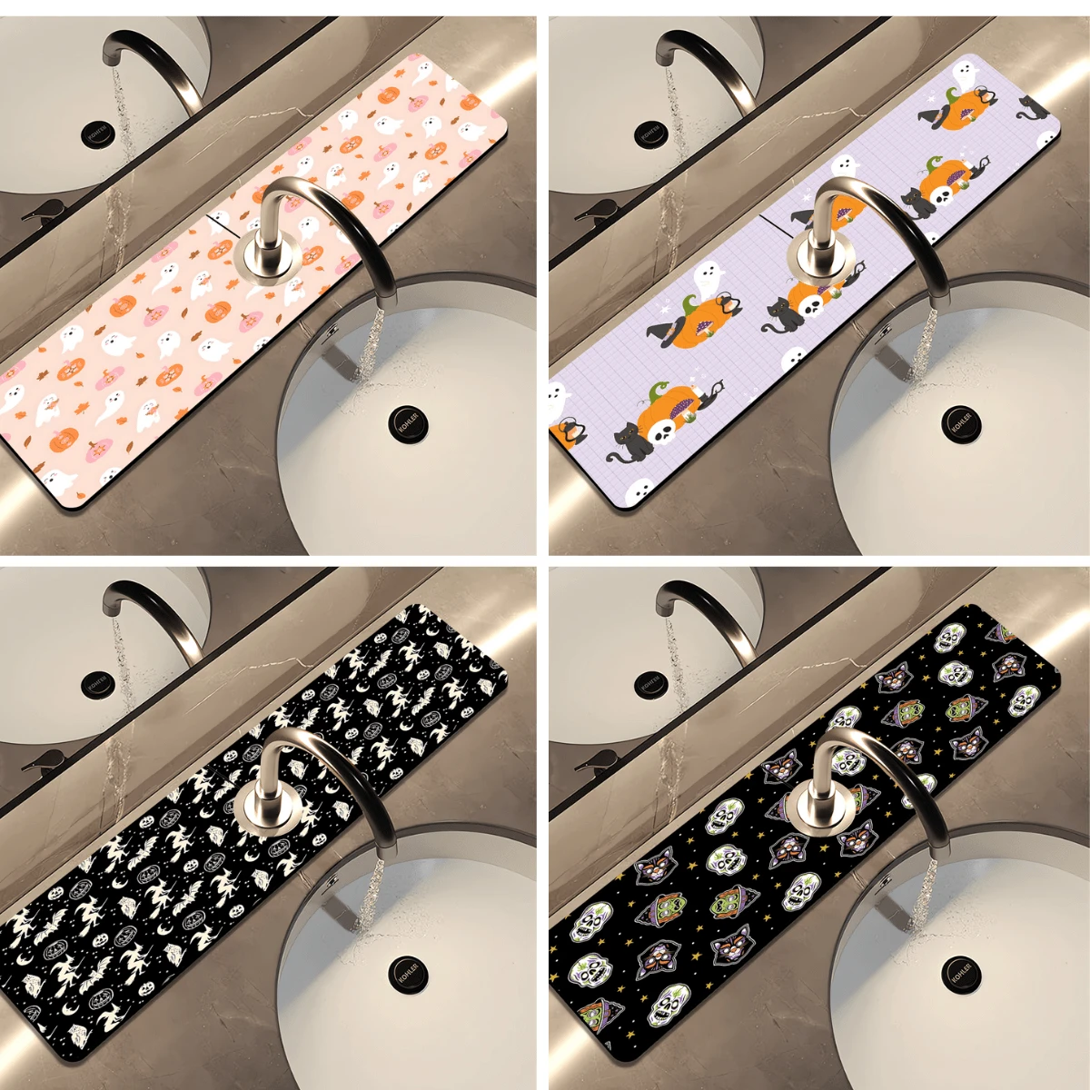 1pc Cute Ghost Pattern Printed Faucet Cover, Halloween Gift, Halloween Decor, Durable Polyester, Quick Dry, Easy Clean, Suitable For Kitchen And Bathroom, Easy Installation, Daily Decor, Gift, Bathroom Mat, Durable Faucet Cover, Faucet Accessory - Multicolor - View 1