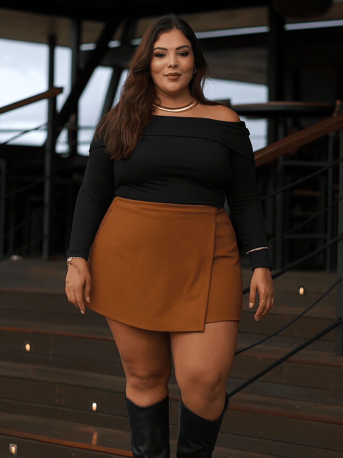 Black Solid Wrap Skirt With Adjustable Tie-Up, High Waist, Plus Size, Non-Transparent, Casual, Elegant - 鏽棕色 - 查看 1