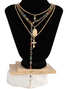 4/3/1 Set modischer, sexy, übertriebener vintage Kreuz, Seestern, Blumen, bunte Perlenimitation, Kristall-Geometrie-Muster Kupfer-Halsketten-Set für Frauen, Strand, Date, Party, Geschenke, alltägliches Styling