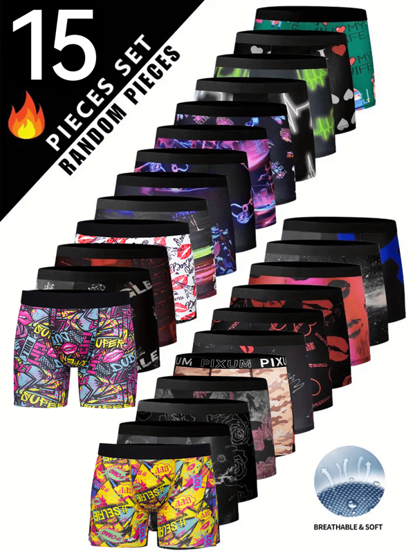 15pcs Men's Long Boxer Briefs - Breathable, Lightweight, Colorful Graffiti-Style Print, Polyester And Elastane Blend, Non-Transparent With Geometric Patterns