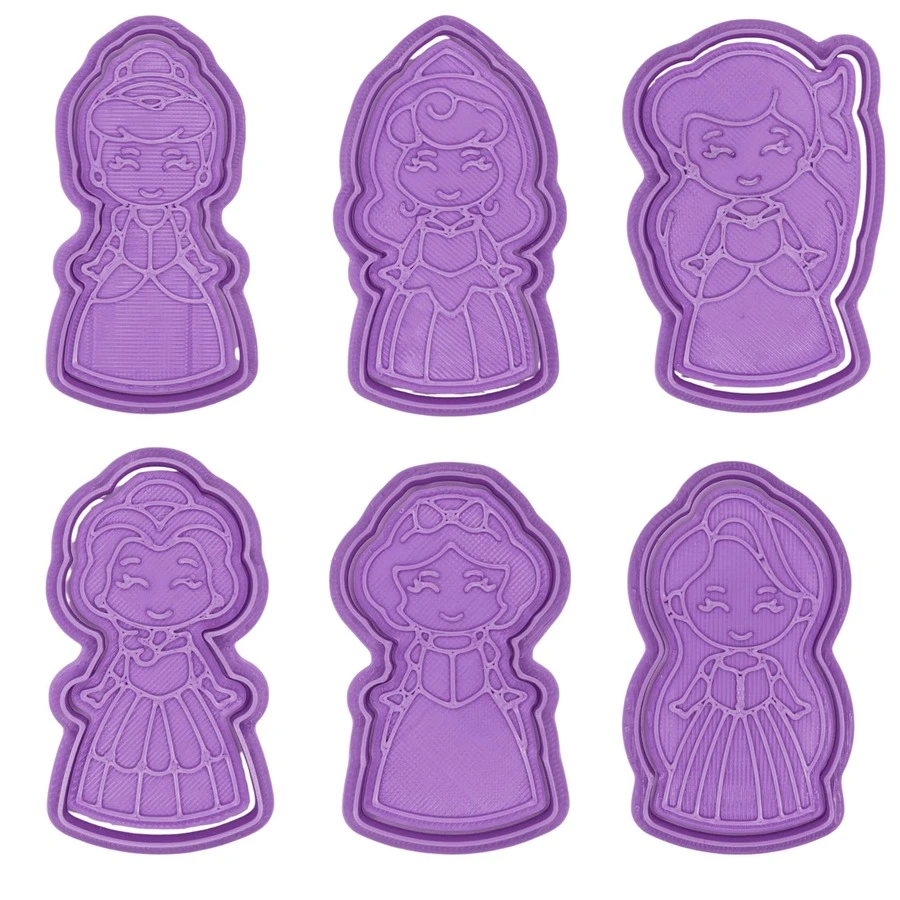 Set de cortadores de galletas de 6  encantadoras princesas en estilo caricatura, ideales para dar vida a tus creaciones de repostería con un toque mágico y divertido. Cada diseño está inspirado en las clásicas protagonistas de cuentos de hadas, con detalles que evocan coronas, trenzas largas, vestidos elegantes y peinados únicos. Perfectos para galletas decoradas con glaseado real, fondant o masa con relieve. Sorprende a los más pequeños (¡y también a los grandes!) con estas figuras entrañables que representan la dulzura y la fantasía de los cuentos de siempre. Hechos en material resistente y fácil de limpiar. Son la herramienta perfecta para fiestas temáticas, regalos personalizados o simplemente para darle un giro especial a tu repostería. ¡Crea momentos mágicos e tu cocina con este set encantador! - Lila Púrpura - Ver 1