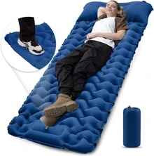 Camping Sleeping Pad, Ultralight Camping Mat With Pillow Built-In Foot Pump Inflatable Sleeping Pads Compact For Camping Backpacking Hiking Traveling Tent - 藍色 - 查看 1