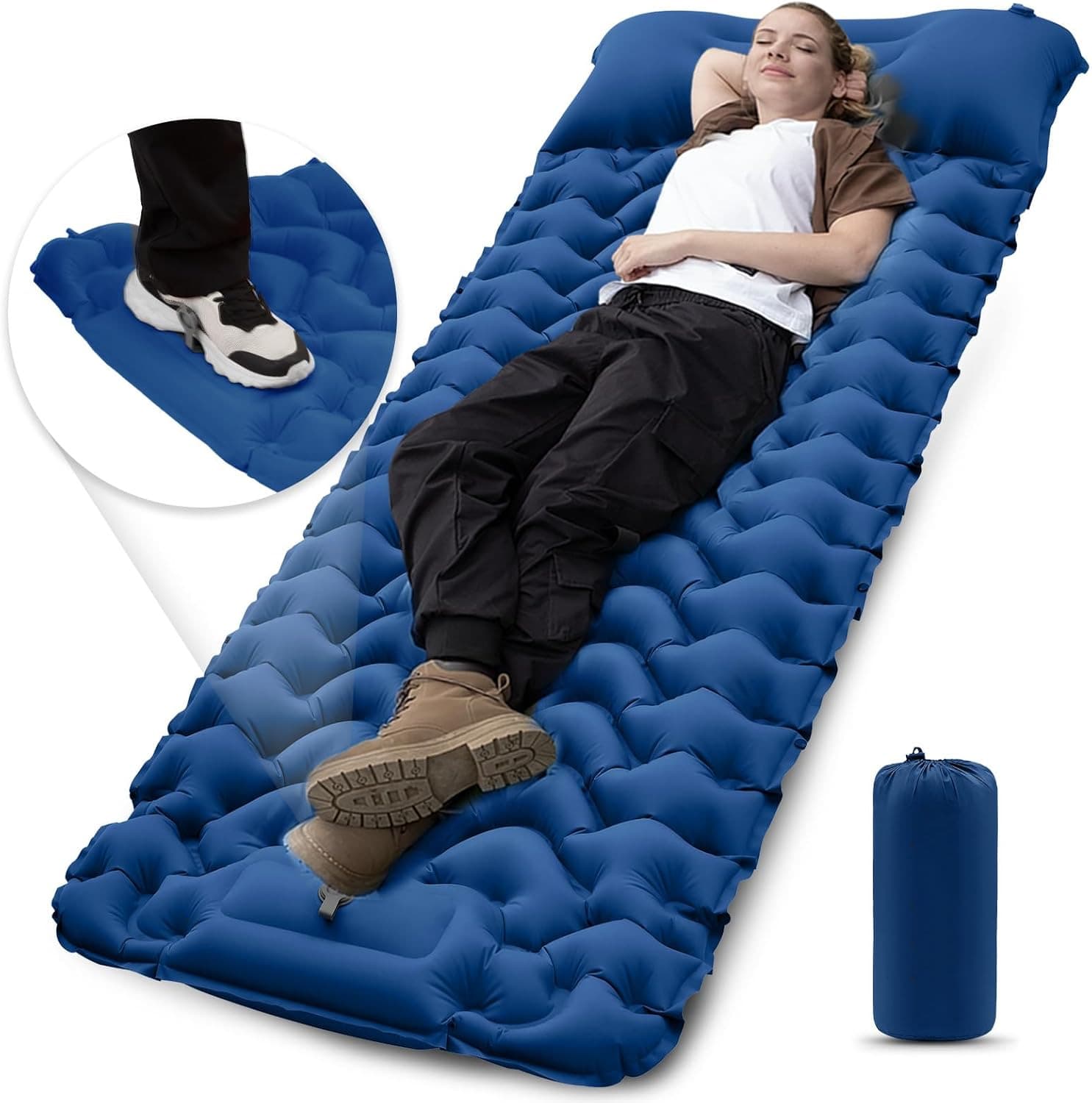 Camping Sleeping Pad, Ultralight Camping Mat With Pillow Built-In Foot Pump Inflatable Sleeping Pads Compact For Camping Backpacking Hiking Traveling Tent - 藍色 - 查看 1