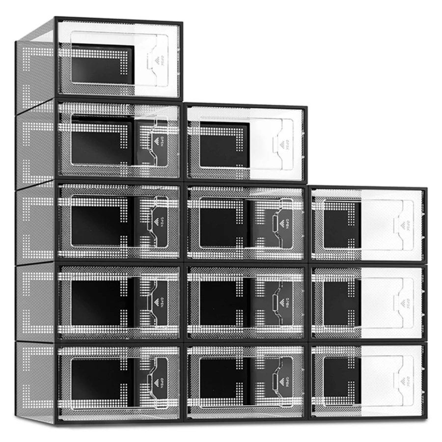 12pcs Shoe Organizer Stackable Storage Boxes Sneaker Containers Clear Display Case - Negro - Ver 1