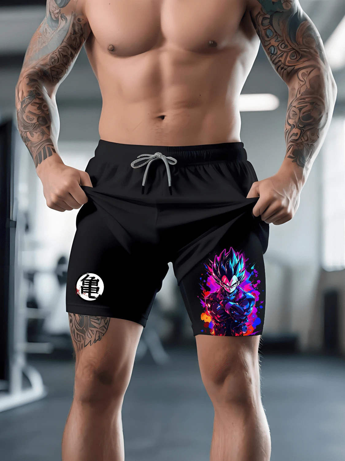 Unisex Regular Fit Shorts For Daily Style,Casual Beach Workout Lined Tight Shorts,3-In-1 Double Layer Shorts,Graphic Shorts,Quick Dry Swim Trunk,Comfortable Short For Summer,Quick Dry Wear,Beach Shorts,Lightweight Short,Drawstring Short,Comfortable Breathable Fitness Shorts - 黑色+黑色 - 查看 1