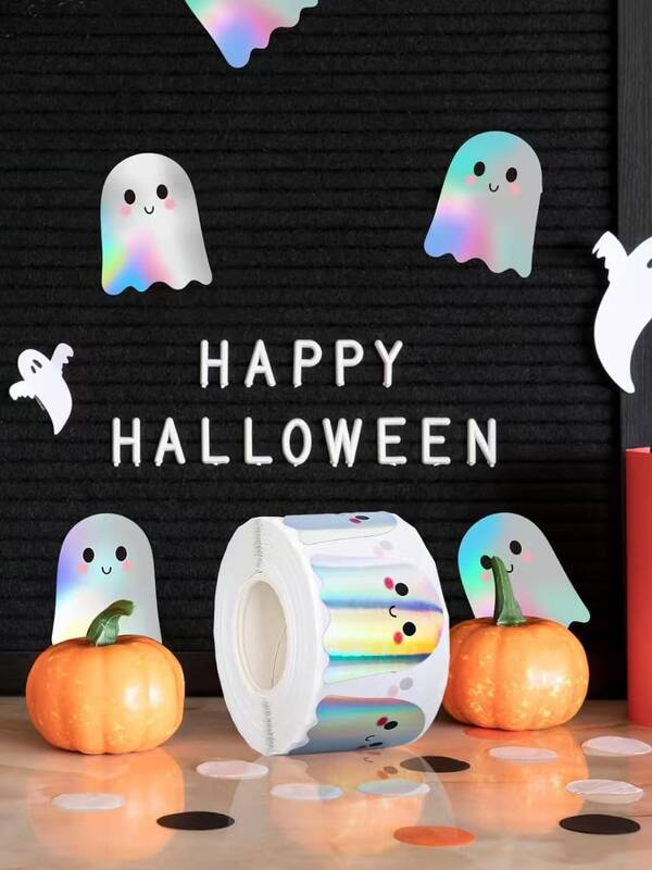 500 piezas de pegatinas holográficas con láser de fantasmas alienígenas de Halloween para decoraciones de fiesta y sellado