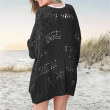 Womens Oversized Crochet Cardigan Boho Kimono Open Front Solid Color Sweater