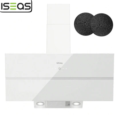  IsEasy 90 Cm Extractor Hood, White Inclined Kitchen Hood, Class A++, 594 M³/H, 4 Speed, LED Lighting, Evacuation Or Recycling, 2 Carbon Filters Included [Energy Class A++]
