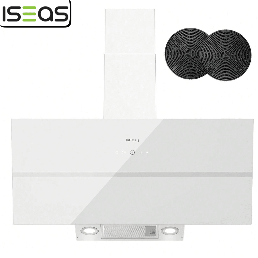 IsEasy IsEasy 90 cm Extractor Hood, White Inclined Kitchen Hood, Class A++, 594 m³/h, 4 Speed, LED Lighting, Evacuation or Recycling, 2 Carbon Filters Included [Energy Class A++]