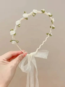 Princess Headband Hair Accessories, Faux Pearl Flower Crown, Floral Headpiece, Sweet Girl Hair Hoop - A - View 5