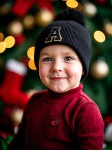 1pc Knit Hat With Pom Pom, Suitable For Baby Boys, Baby Girls, Children, Minimalist Style Winter Warm Hat, Suitable For Outdoor Activities And Daily Commute - Black - View 3