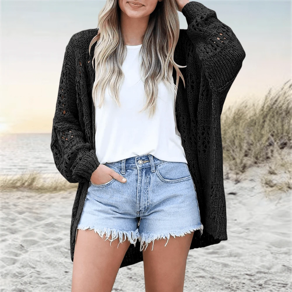 Womens Oversized Crochet Cardigan Boho Kimono Open Front Solid Color Sweater