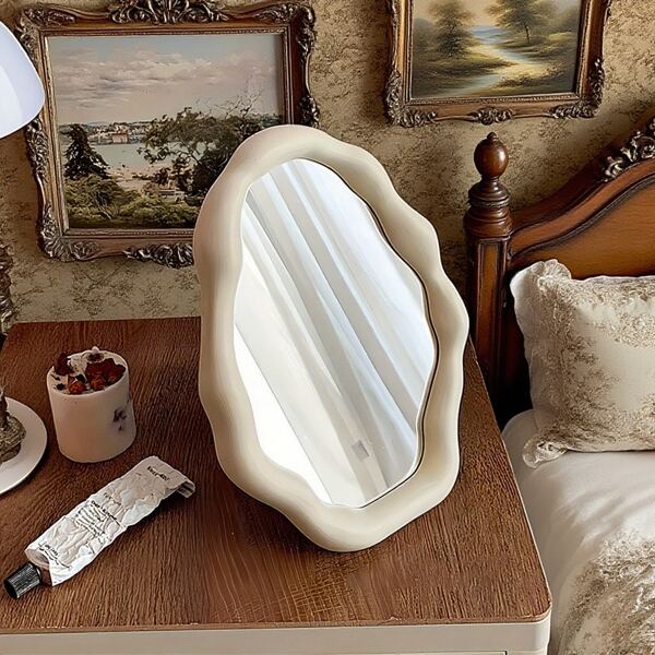 1pc Asymmetrical Aesthetic Tabletop Makeup Mirror, Adjustable Plastic Vanity Mirror With Glass Surface For Office, Bathroom & Bedroom, No Electricity Needed Best Home Decor Back To School Room Decor School Supplies