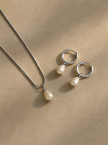 Set de 3 piezas de joyería de acero inoxidable a prueba de agua y resistente al deslustre, con aro de pendientes y collar con gota de agua y perla, adecuado para uso diario de mujeres, en color oro/plata