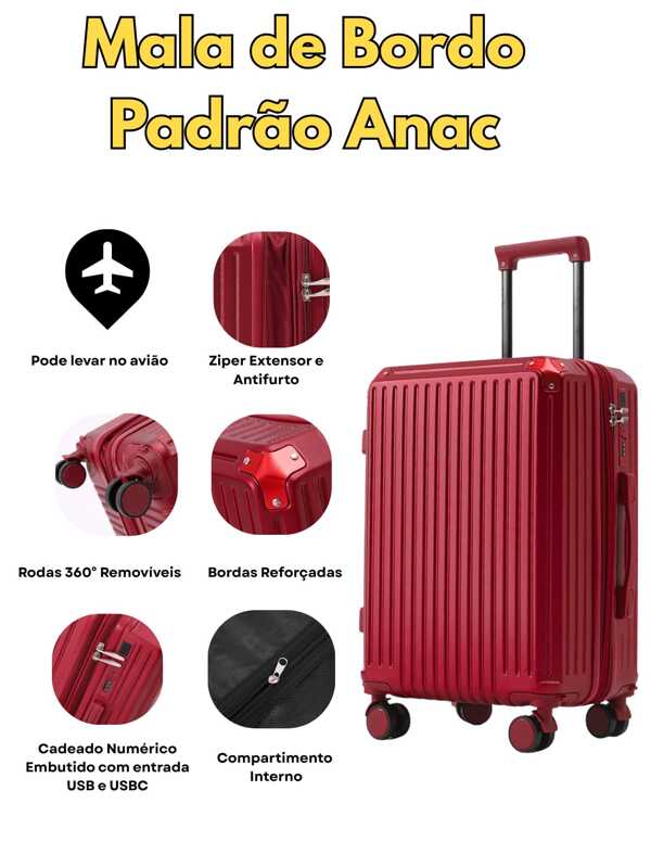 Mala de Bordo Imperial - 8 á 10kg - Rodinhas Removíveis - Entrada Usb e Usb-C - Cadeado Numérico - Zíper Extensor e Antifurto - Mala em ABS – Padrão ANAC