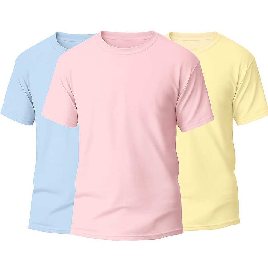 KIT 3 Basic Plain Men's T-Shirts 100% Cotton 30.1 - 淡藍色+淡粉紅色+黃色 - 查看 1