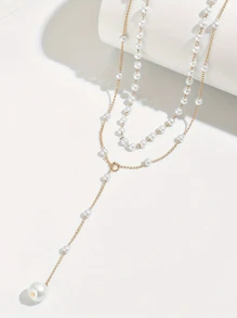 1-Piece Fashion Simple And Elegant Style Faux Pearl Y-Shaped Multi-Layer Necklace Set, Suitable For Ladies' Vacations, Parties, Dinners, Photography And Daily Matching