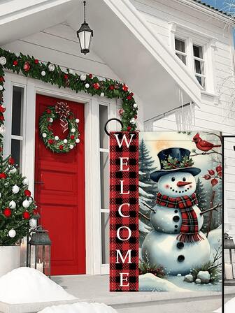 1pc New Vintage Red & Black Plaid Christmas Snowman & Snowflake Decoration, No Electricity Required, Indoor/Outdoor Christmas Garden Flag