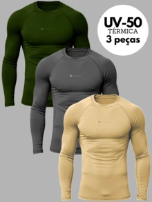 Kit 3 Thermal Shirt Second Skin Long Sleeve Blouse UV Protection Compression ORIGNS - Xám-Xanh lá-Be - Xem 1