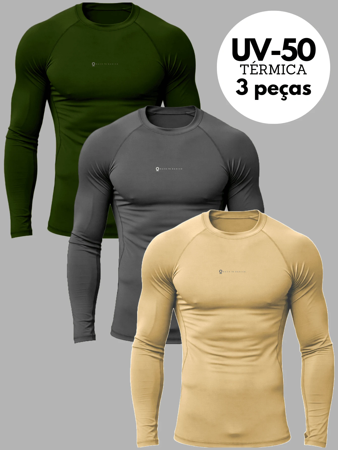 Kit 3 Thermal Shirt Second Skin Long Sleeve Blouse UV Protection Compression ORIGNS - Xám-Xanh lá-Be - Xem 1