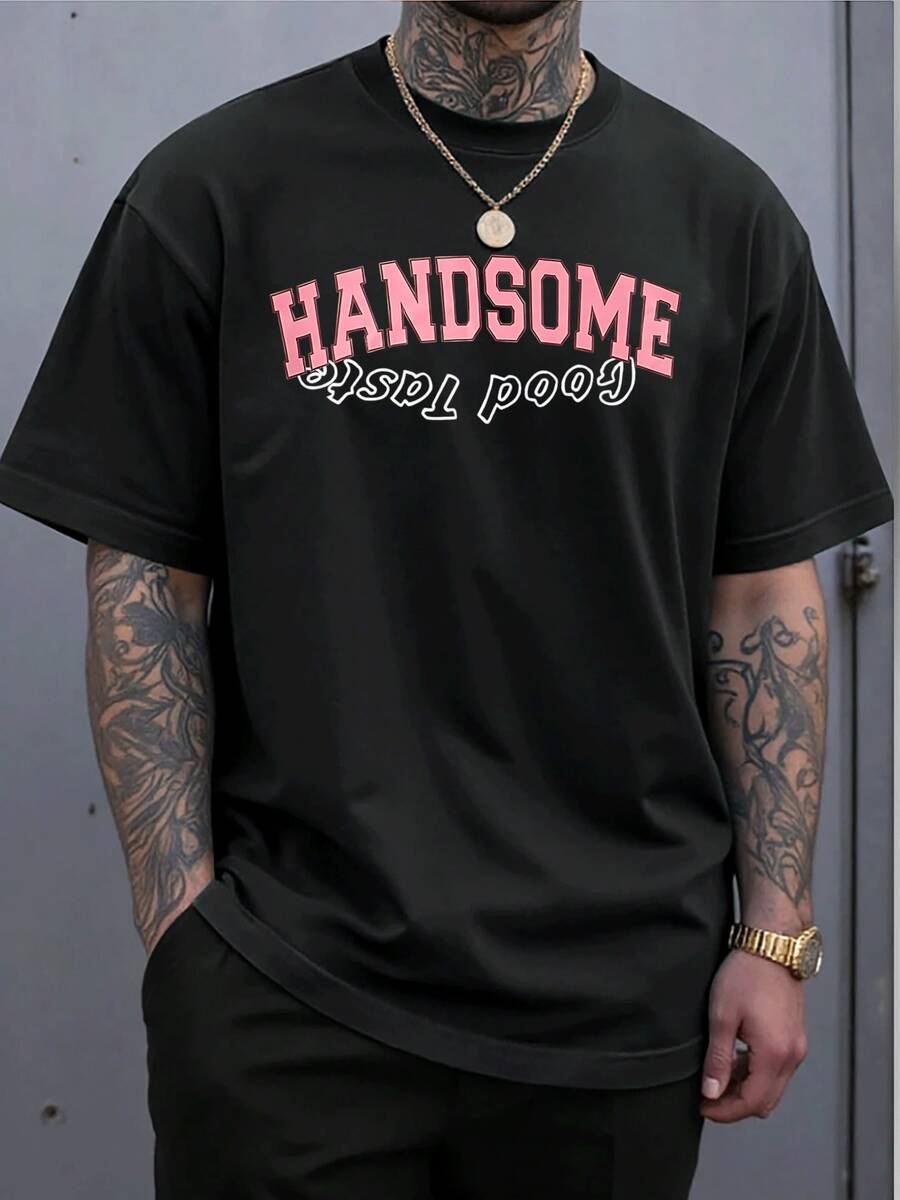 Camiseta de hombre con estampado "HANDSOME", informal, de manga corta y cuello redondo, para primavera y verano. 100 % algodón (220 g de grosor). - Negro - Ver 1