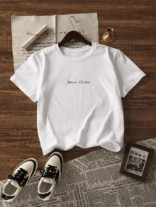 Women Loose Casual Letter Print Scoop Neck Drop Shoulder Short Sleeve T-Shirt, Summer