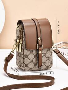 Fashionable Multi-Functional Mini Crossbody Bag, Multi-Pocket Design With Earphone Hole, Phone Pocket, Rivet Decor, Adjustable Strap, Brown Double R Rhombus Print Fabric, Women's Phone Wallet, Shoulder Crossbody Bag - Brown - View 2