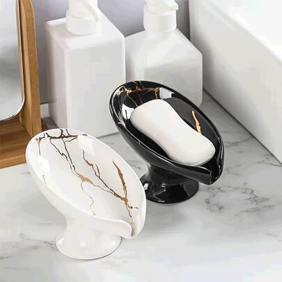 1 Elegant Marble-Patterned Ceramic Soap Box With Self-Draining Function - Leaf Shape, Easy To Clean, Keeps Soap Dry And Stylish, Suitable For Bathroom Decoration